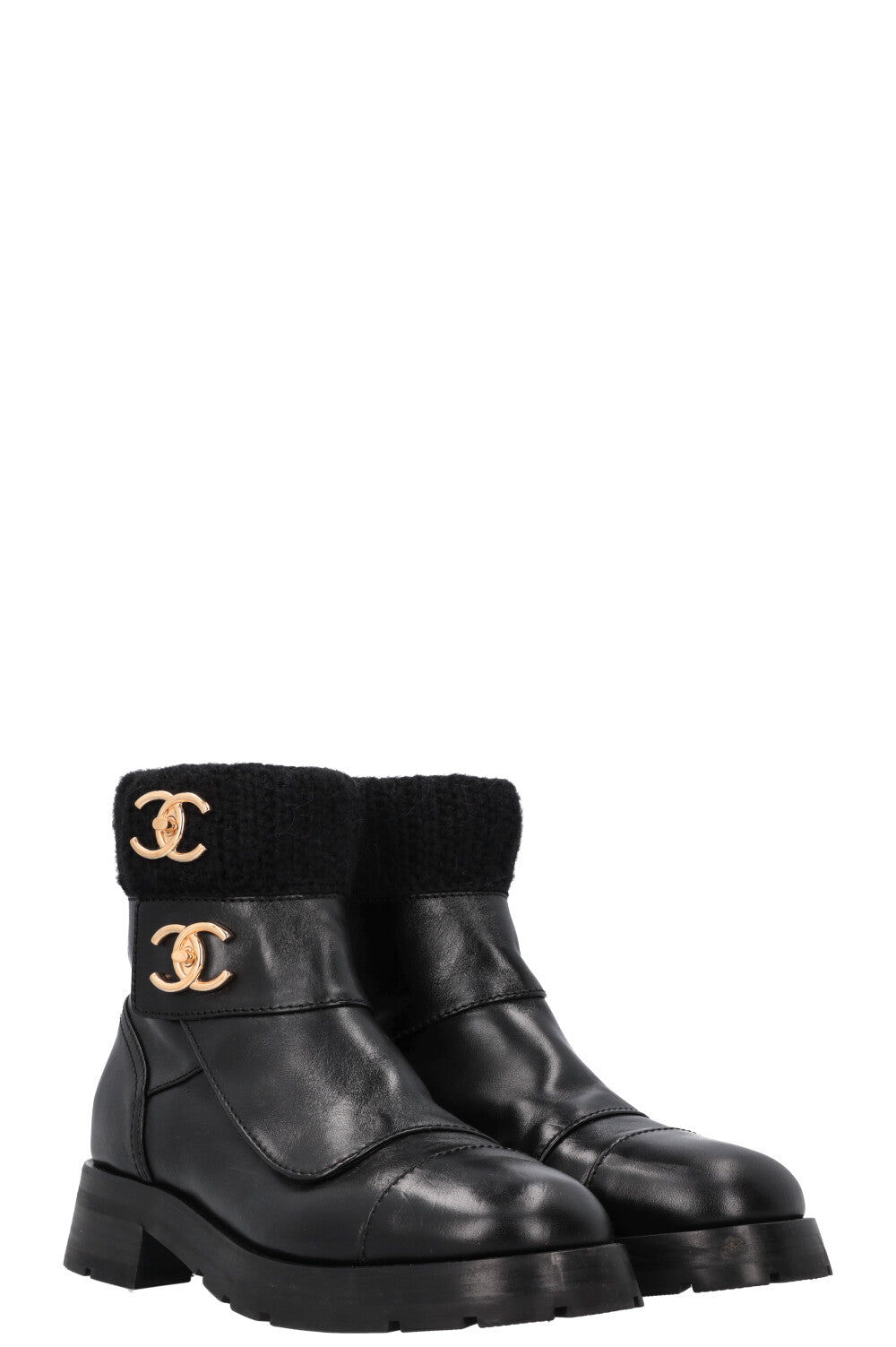 CHANEL CC Turnlock Knit Boots Leather Black
