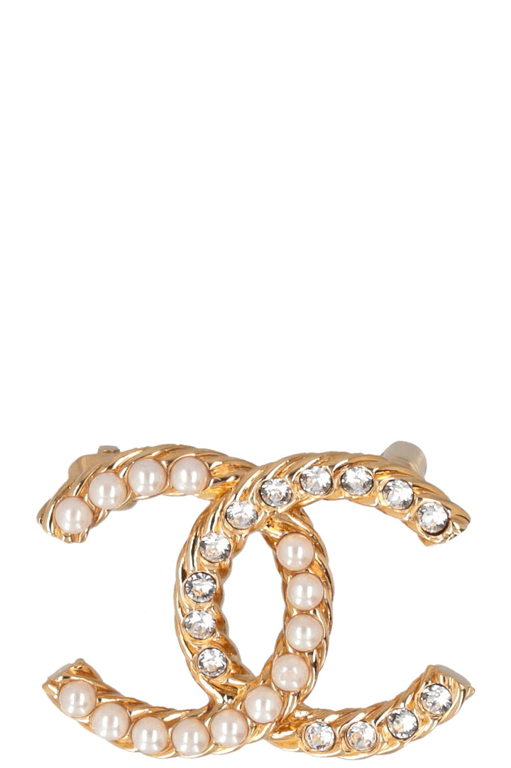 CHANEL 2023 Pearl Crystal CC Brooch Gold