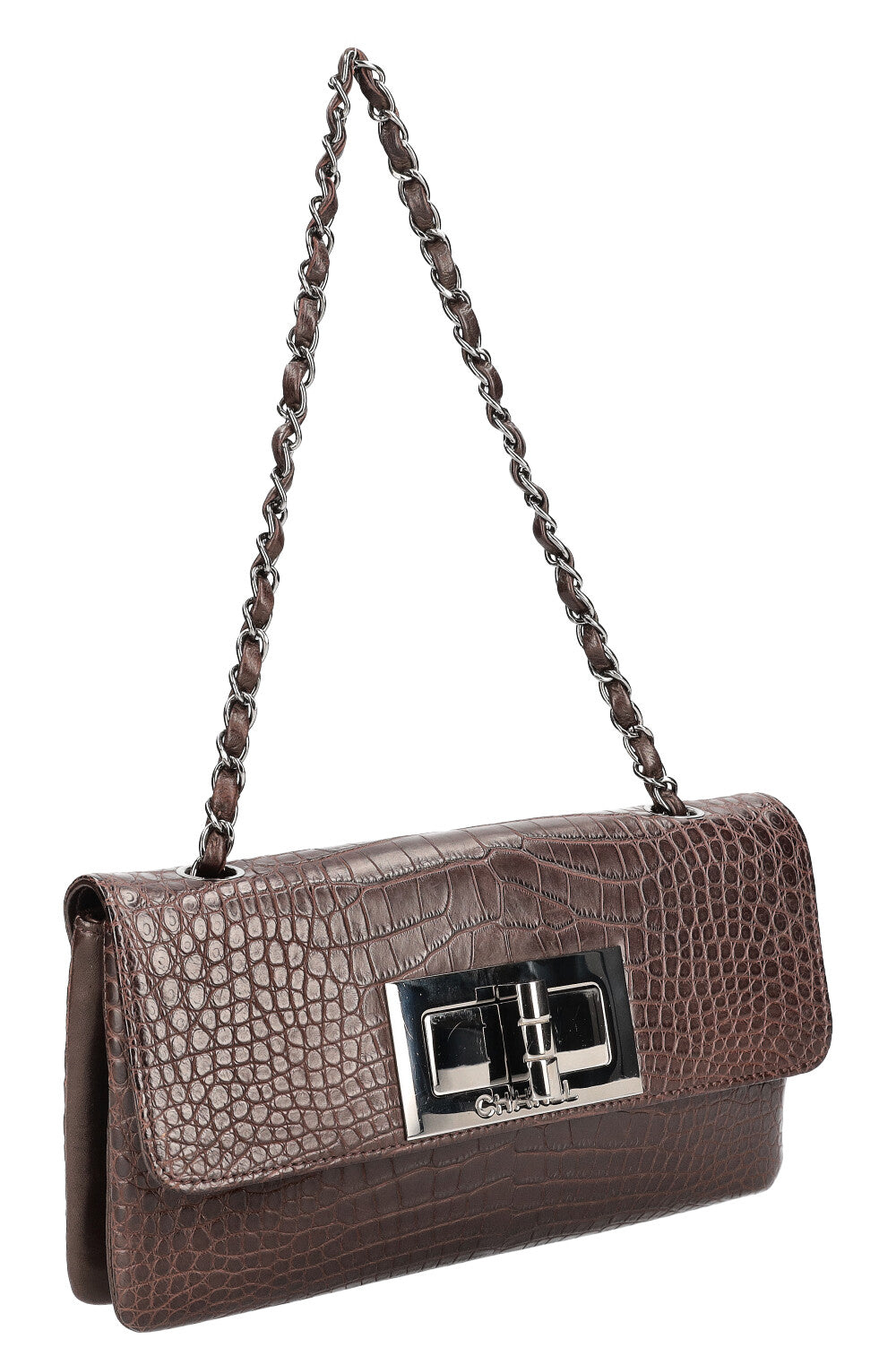 CHANEL Mademoiselle Turnlock Flap Bag Croco Embossed Brown