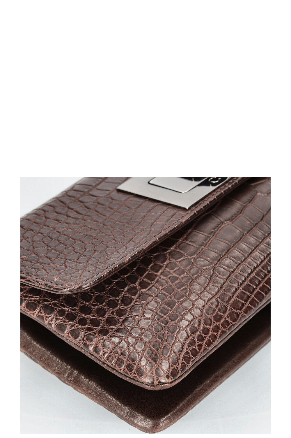 CHANEL Mademoiselle Turnlock Flap Bag Croco Embossed Brown