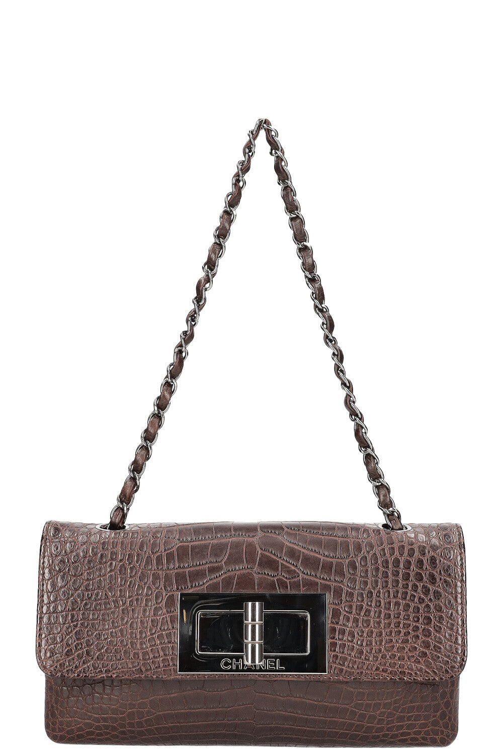 CHANEL Mademoiselle Turnlock Flap Bag Croco Embossed Brown