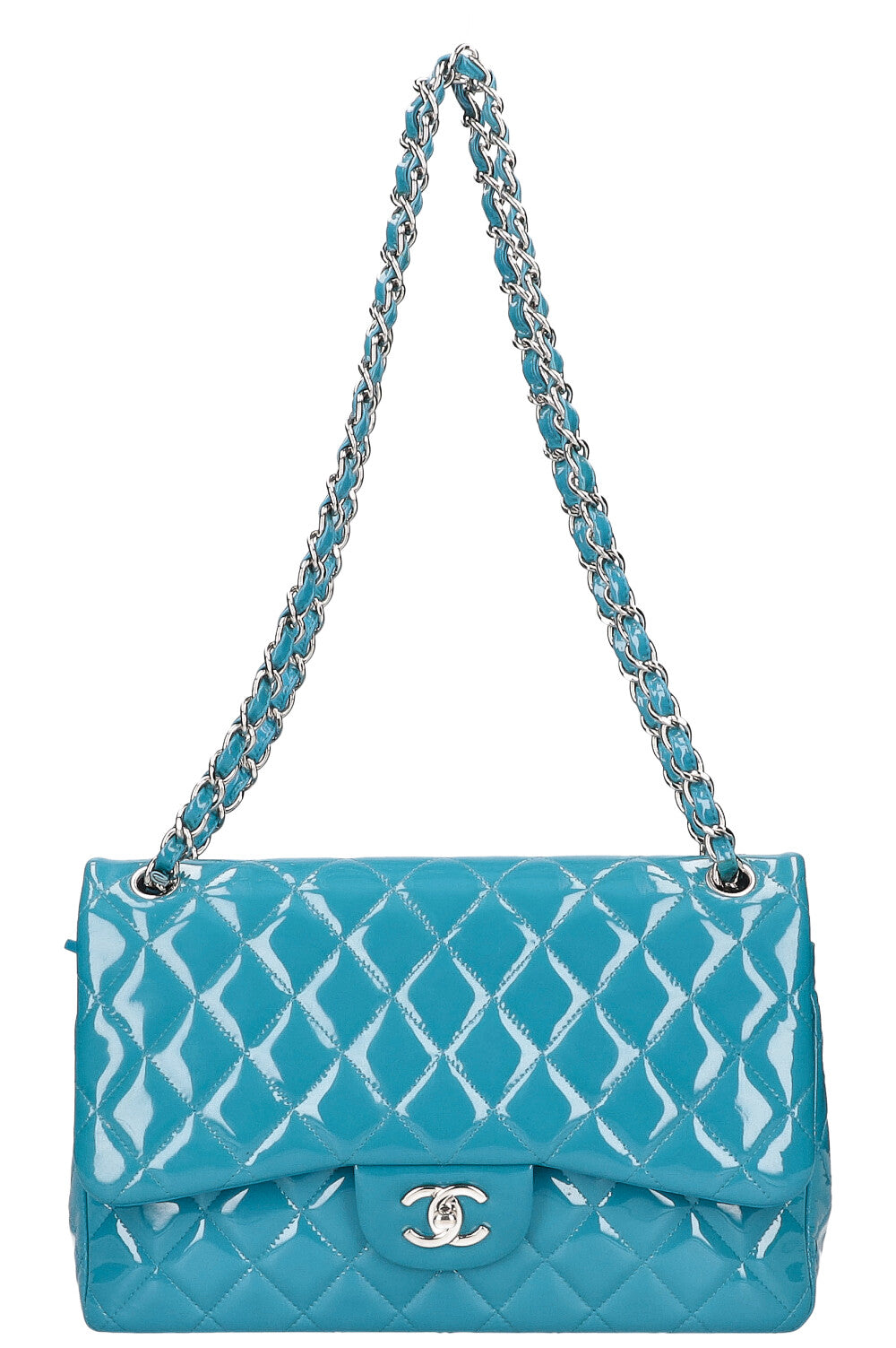 CHANEL Double Flap Bag Large Patent Leather Bright Blue