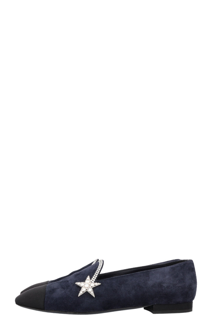 CHANEL Star Crystal Flats Suede Navy