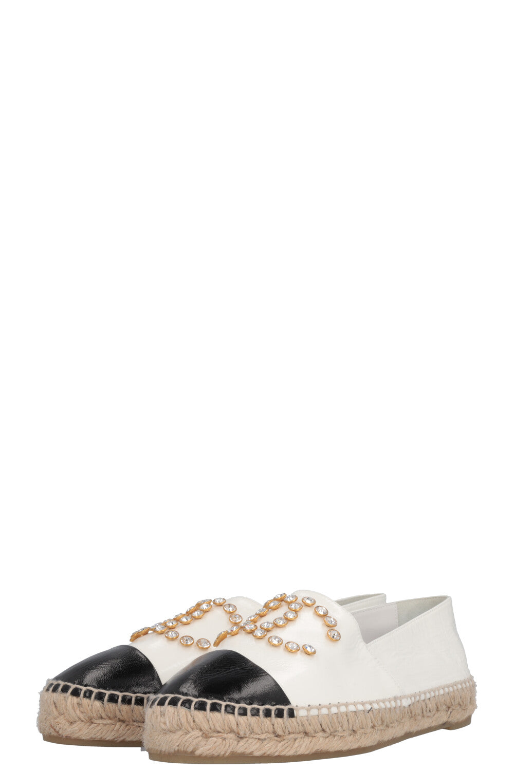 CHANEL Crystals Espadrilles Patent Black White