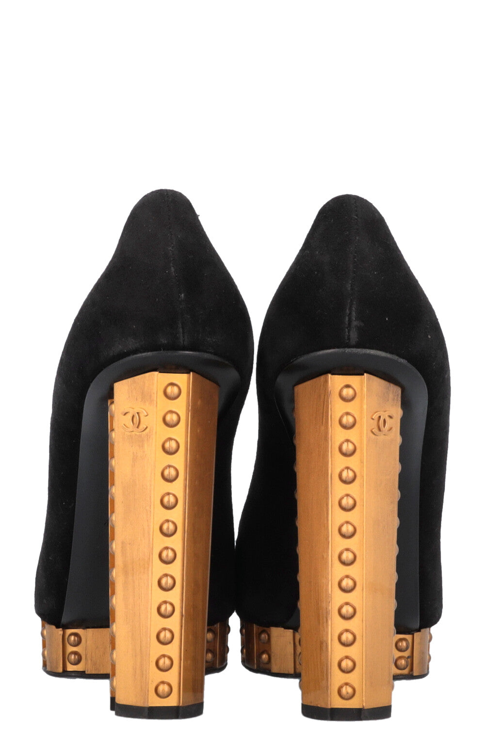 CHANEL Platform Gold Trim Suede Pumps Black