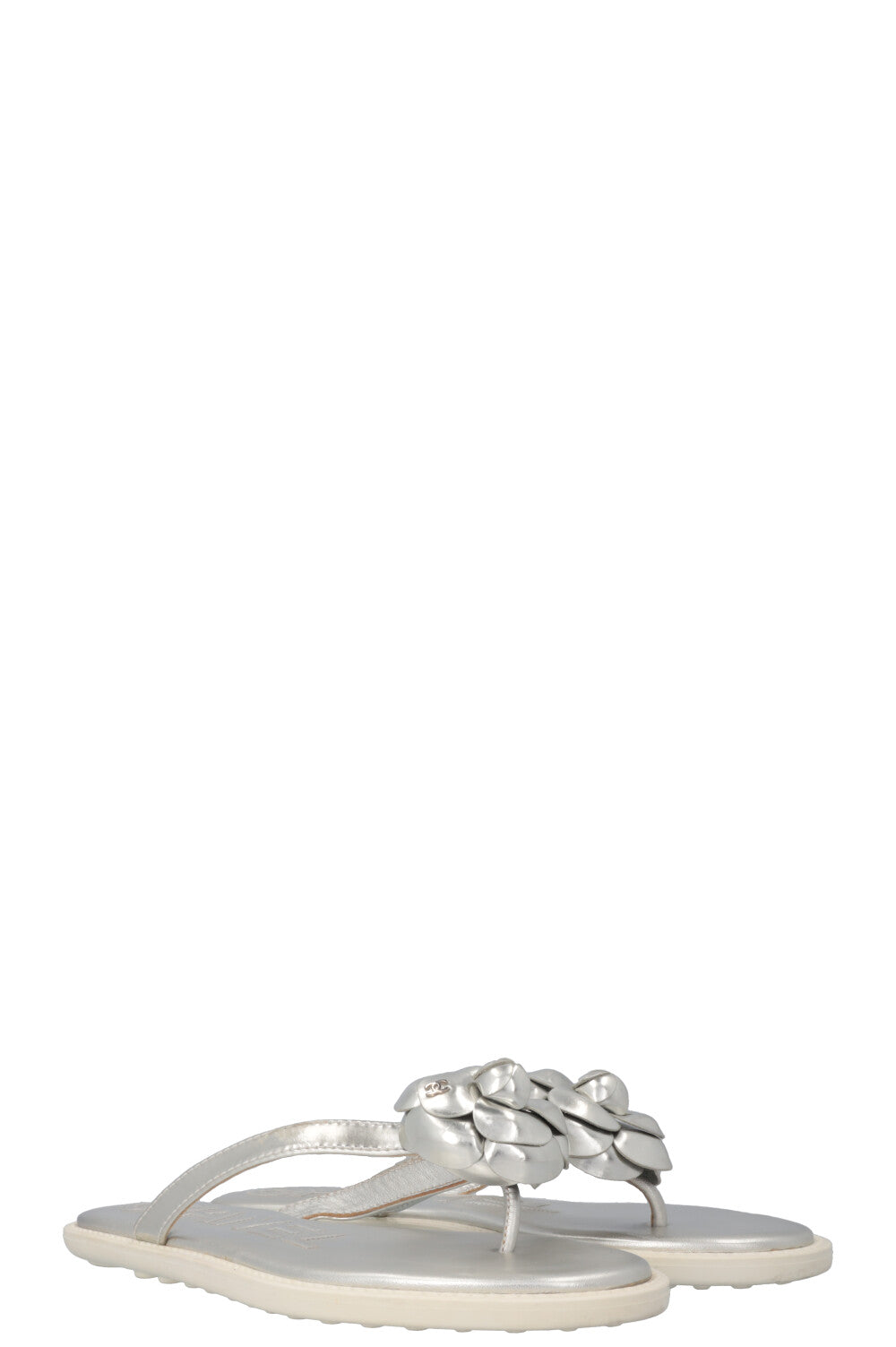CHANEL Metallic Camellia Flip Flops Silver