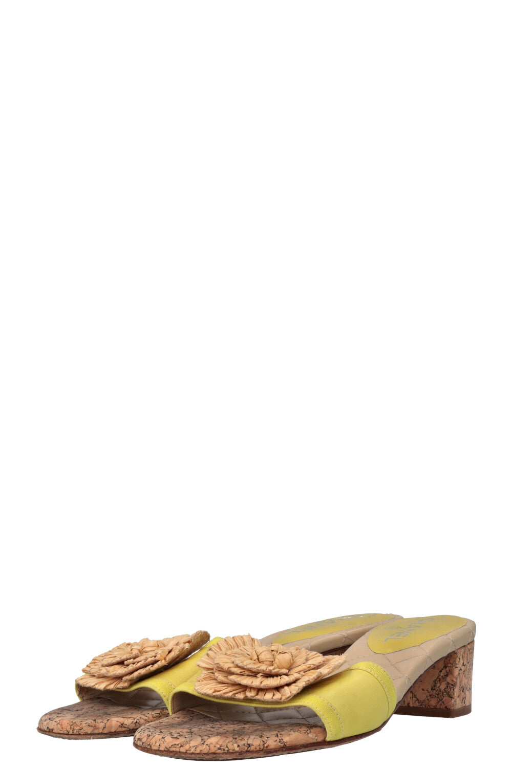CHANEL Camellia Cork Mules Yellow