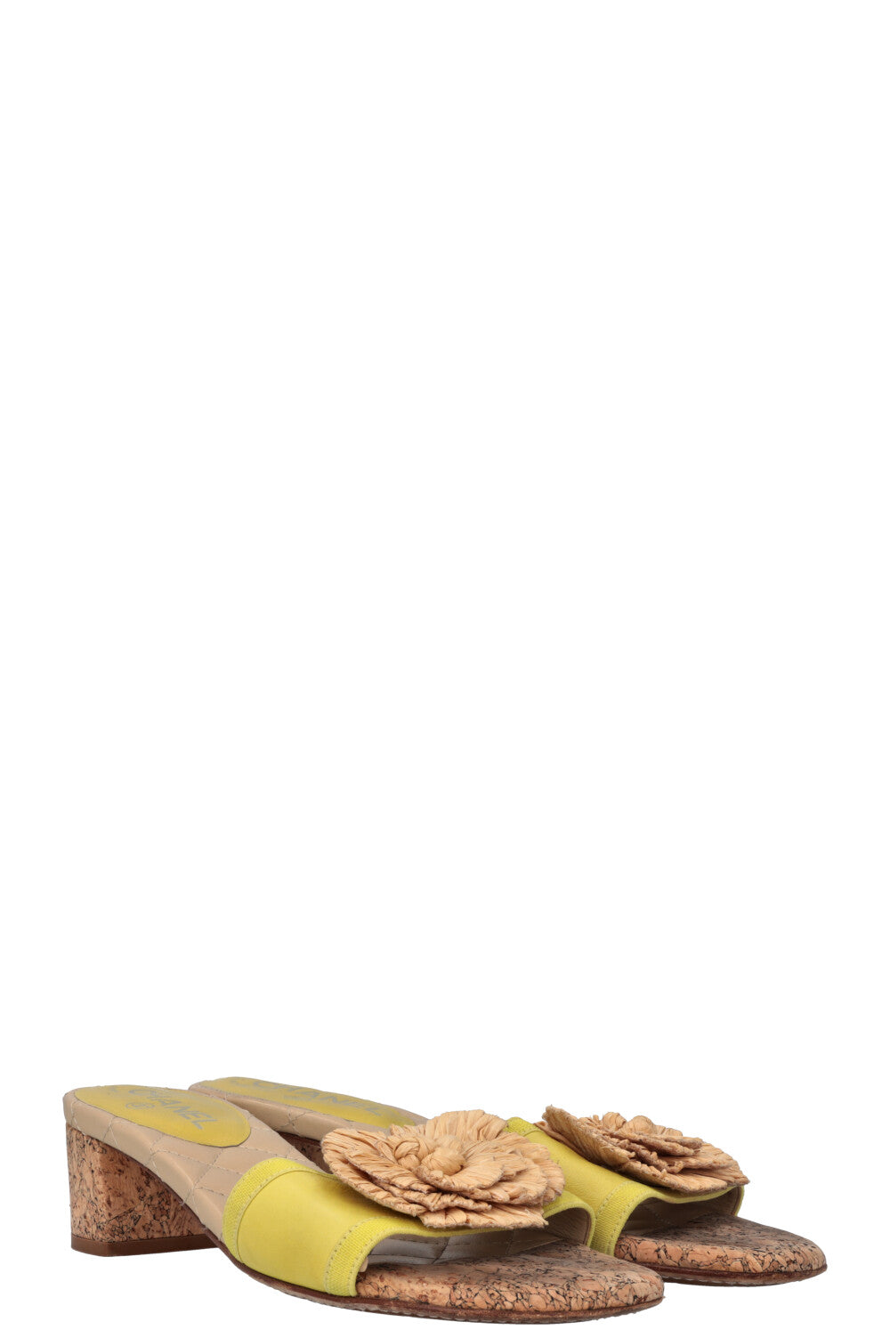 CHANEL Camellia Cork Mules Yellow