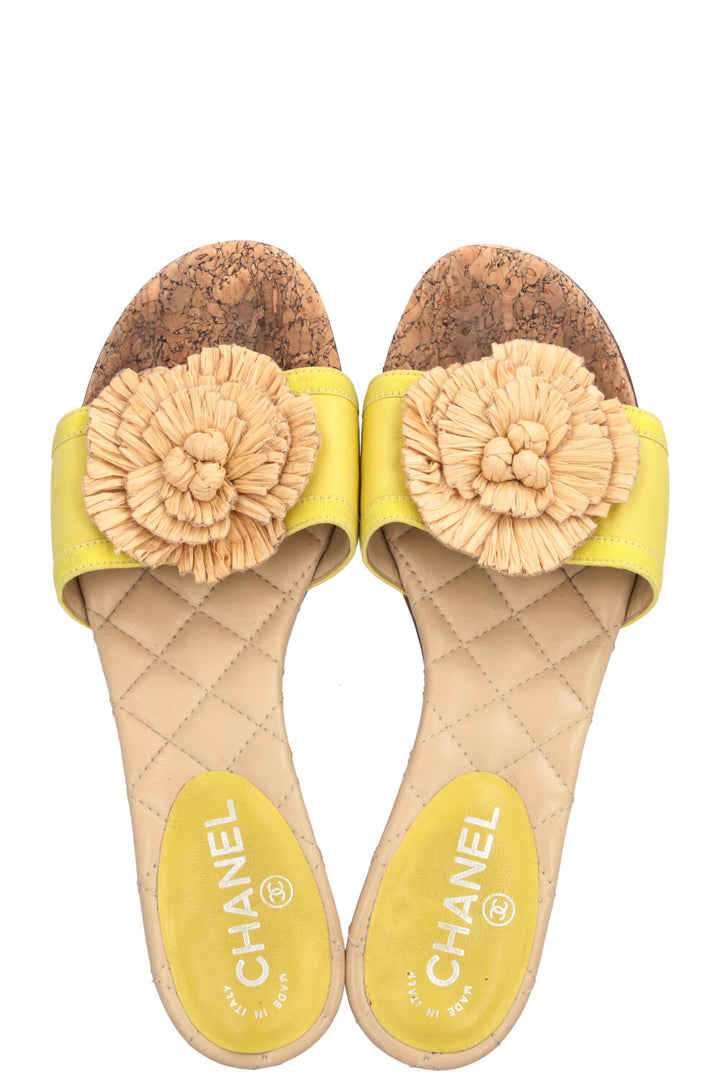 CHANEL Camellia Cork Mules Yellow