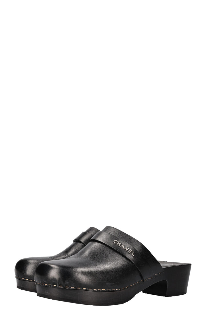 CHANEL Logo Clogs Black