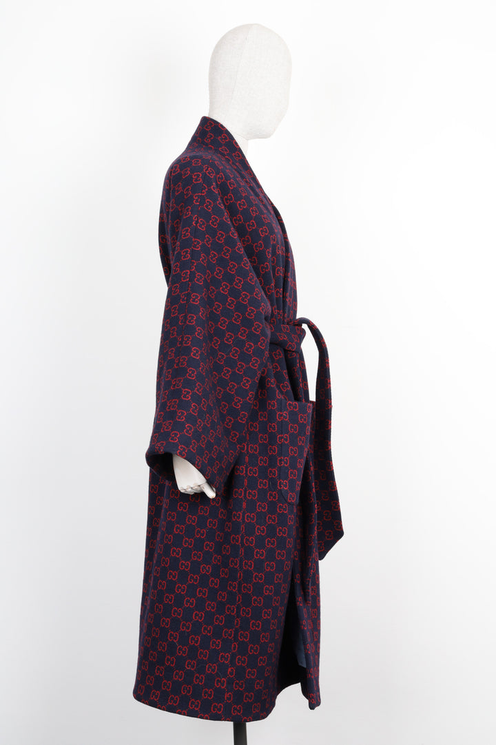 GUCCI Bathrobe Coat Wool GG Logo Blue Red