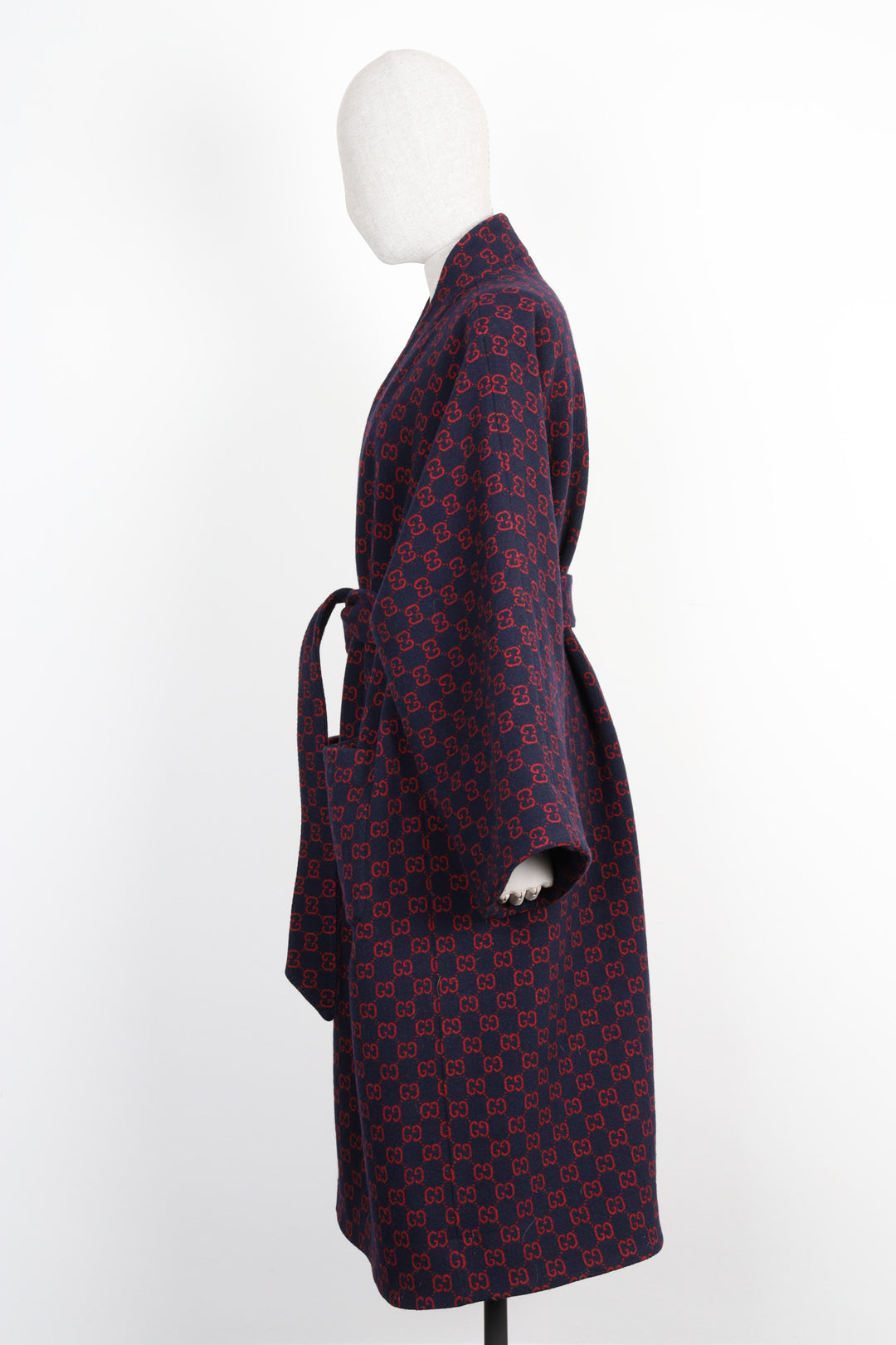 GUCCI Bathrobe Coat Wool GG Logo Blue Red