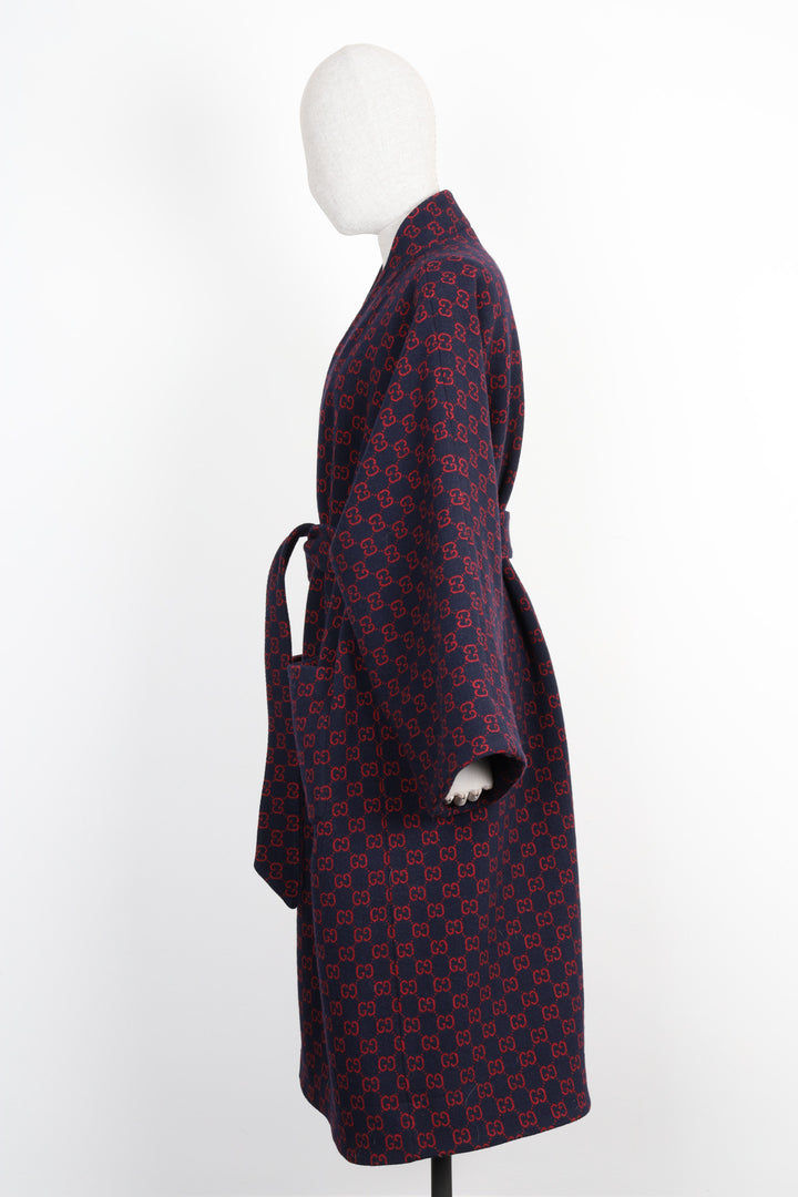 GUCCI Bathrobe Coat Wool GG Logo Blue Red