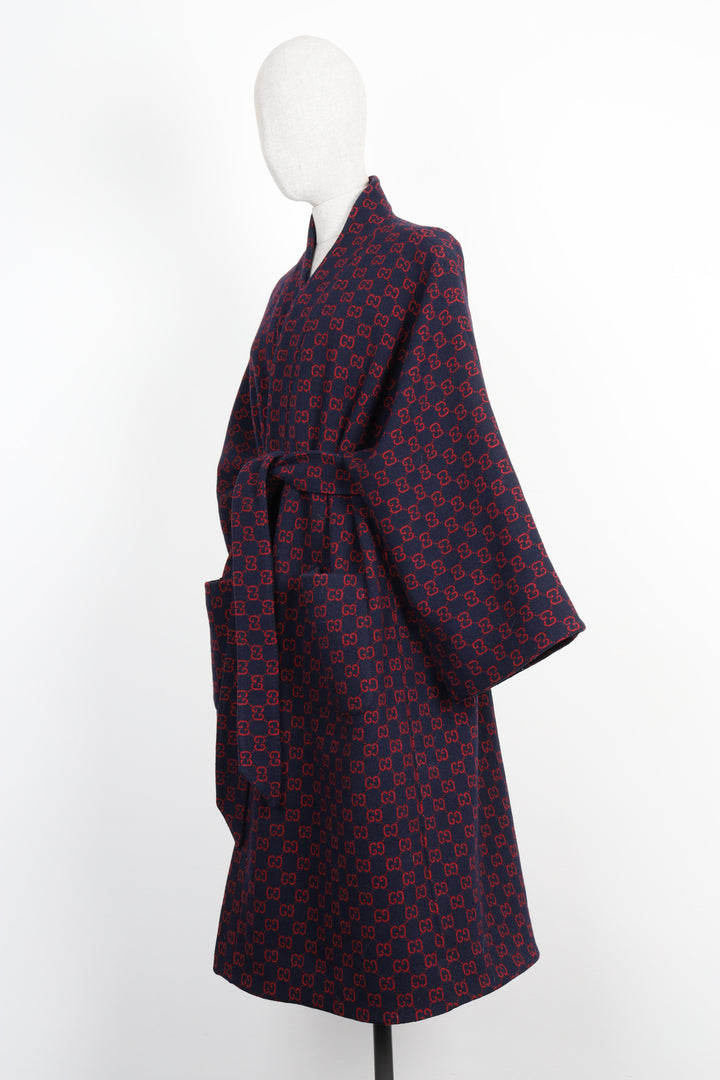GUCCI Bathrobe Coat Wool GG Logo Blue Red