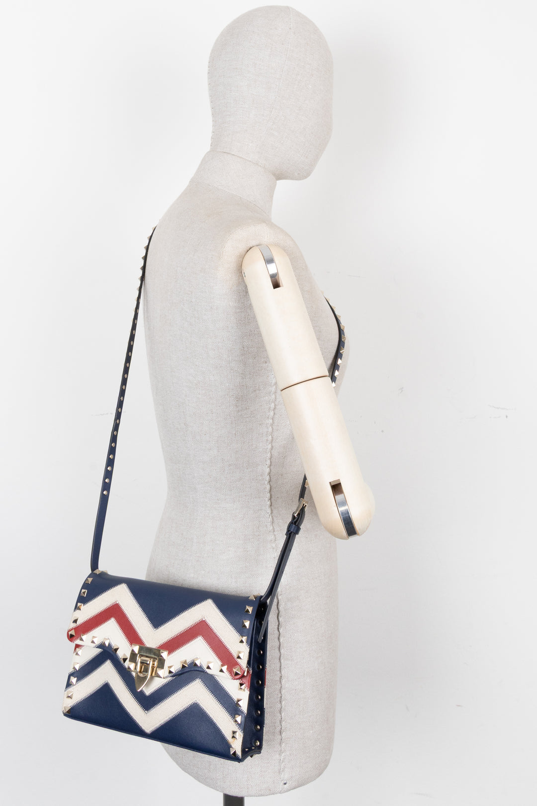 VALENTINO Rockstud Zig Zag Crossbody Bag, Navy, Red, White