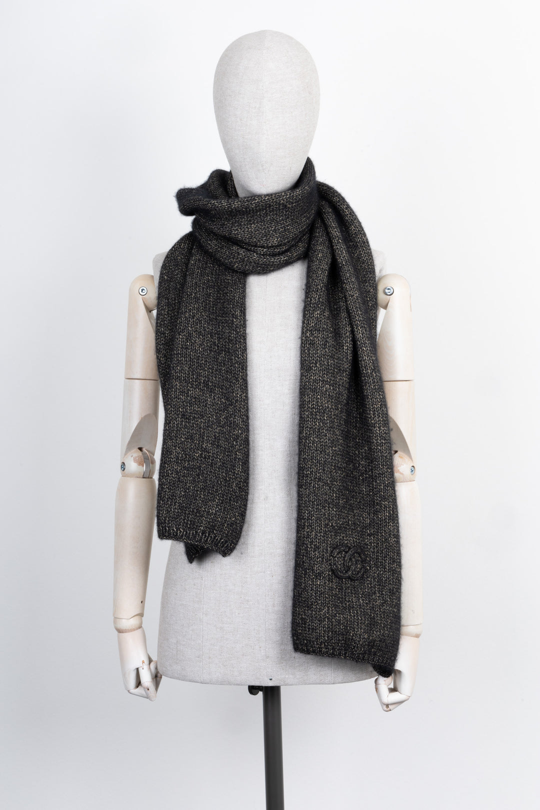CHANEL Knit Logo Scarf Black Grey Gold