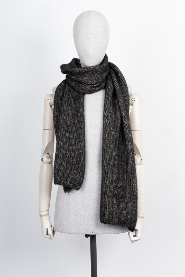 CHANEL Knit Logo Scarf Black Grey Gold