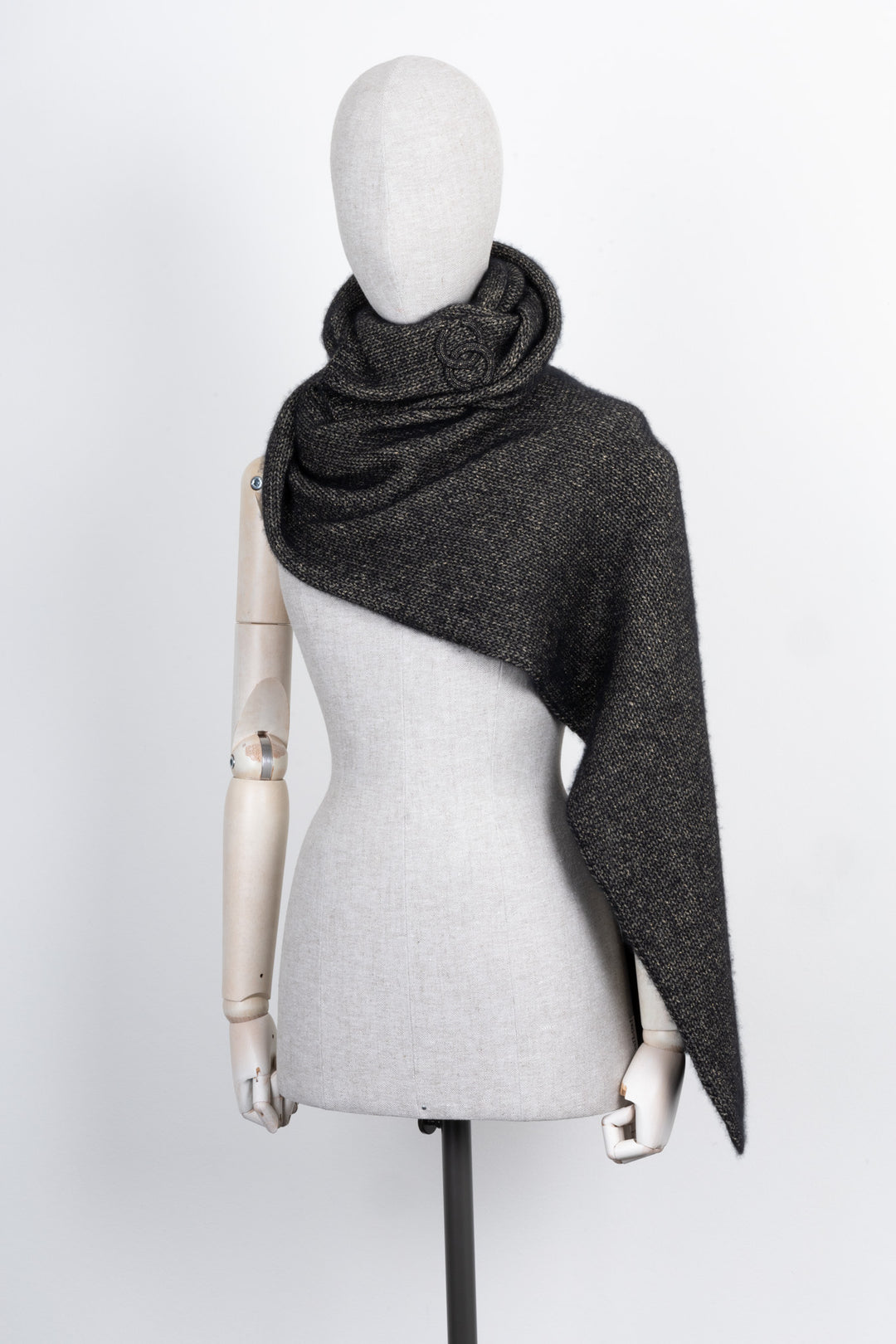 CHANEL Knit Logo Scarf Black Grey Gold
