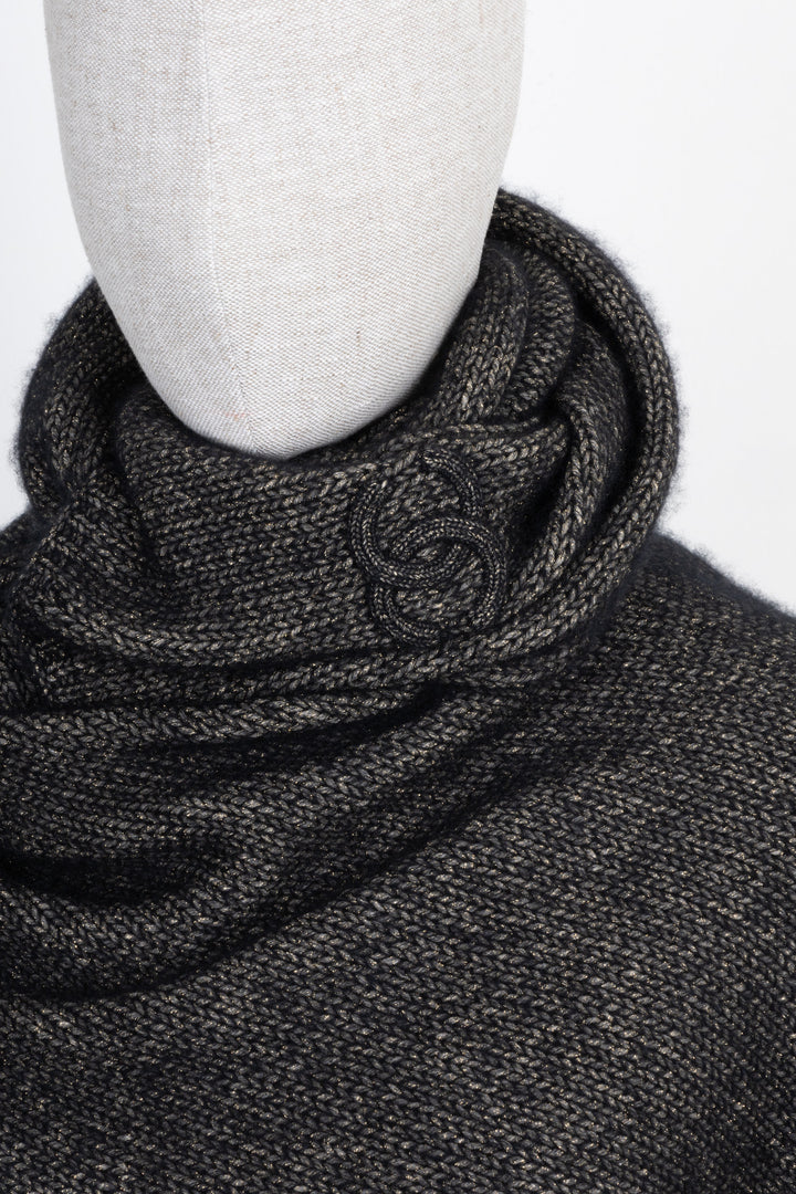 CHANEL Knit Logo Scarf Black Grey Gold