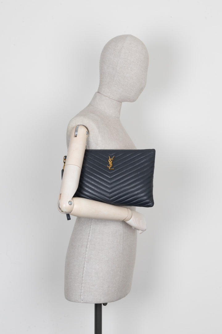 SAINT LAURENT V Stitch Cassandre Zip Clutch Grey