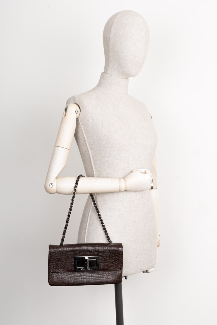 CHANEL Mademoiselle Turnlock Flap Bag Croco Embossed Brown