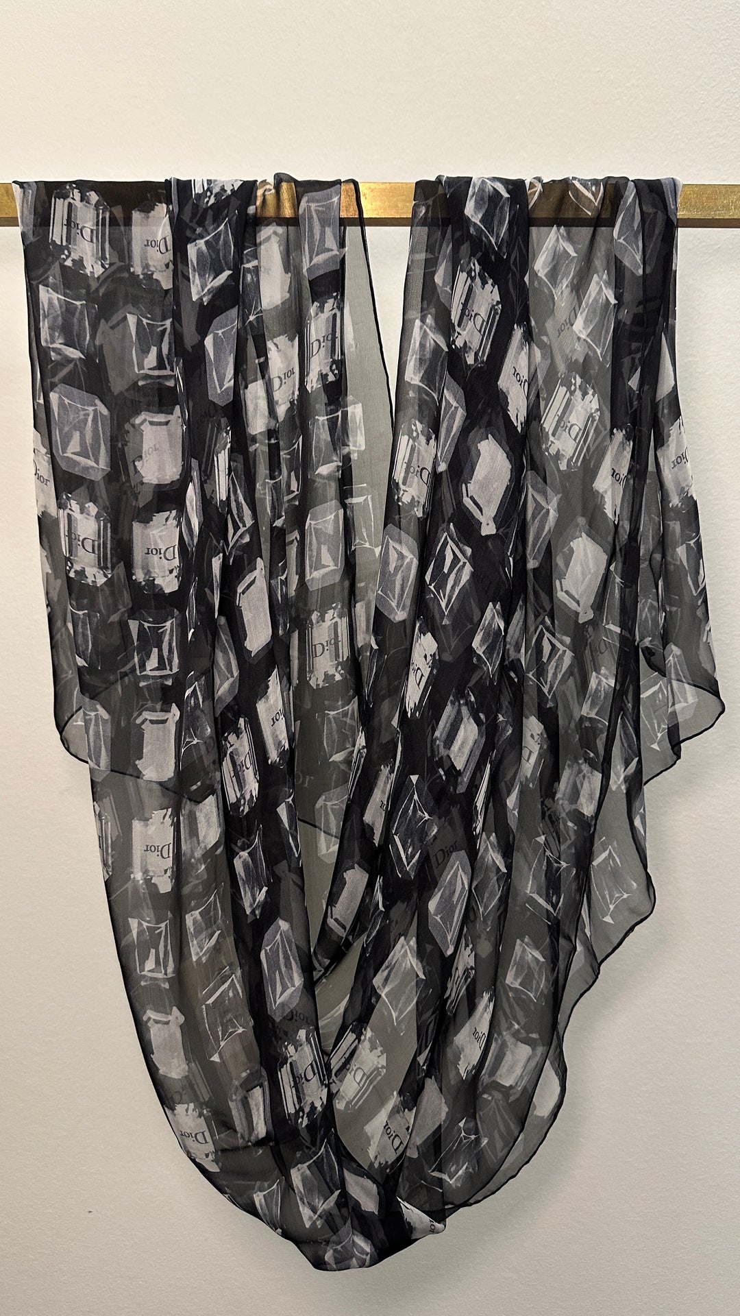 CHRISTIAN DIOR Diamond Logo Scarf Black Grey Organza Silk