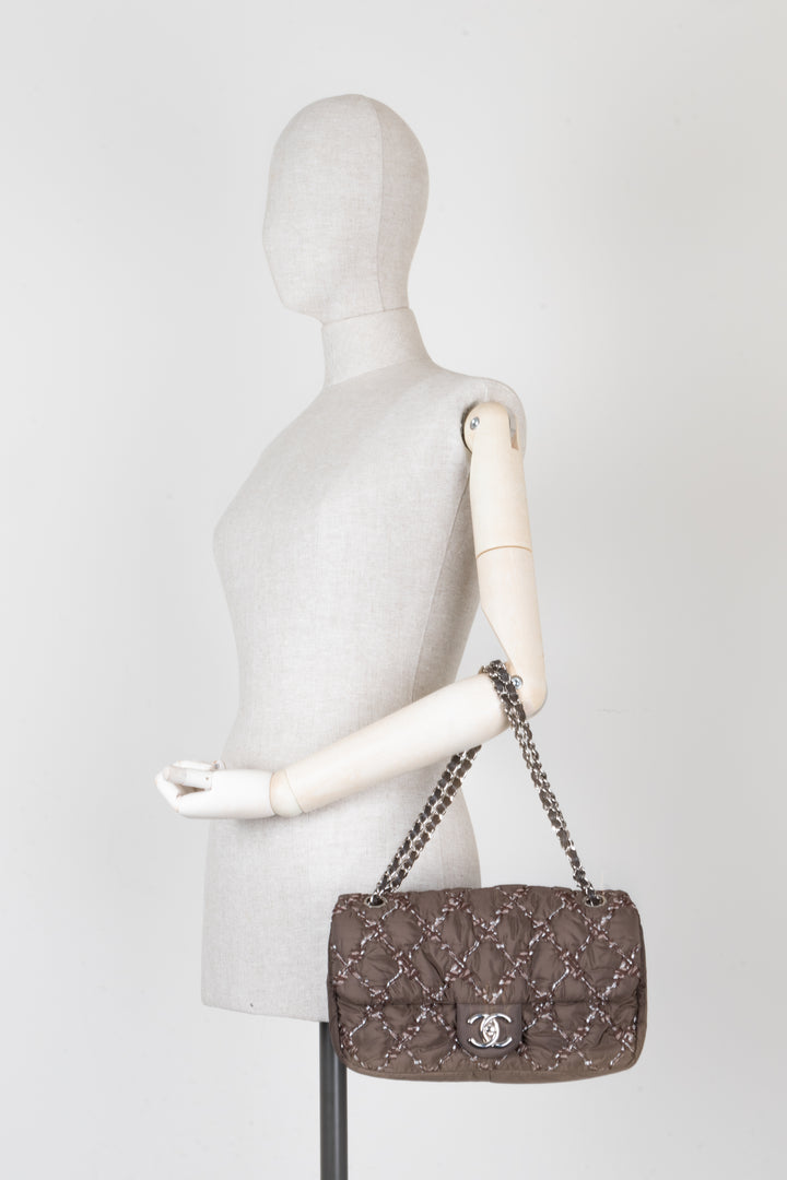 CHANEL Nylon Quilted Single Flap Bag Brown