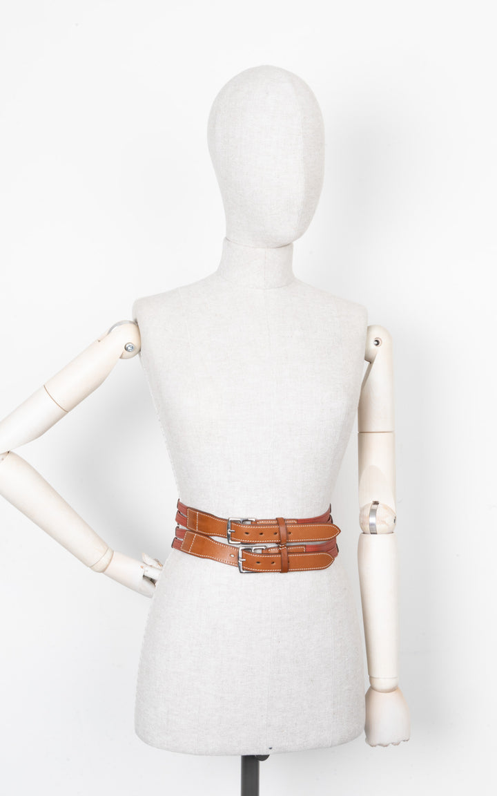 HERMÈS Double String Belt Red Brown