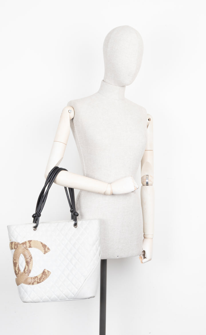 CHANEL Cambon Tote Bag Python White