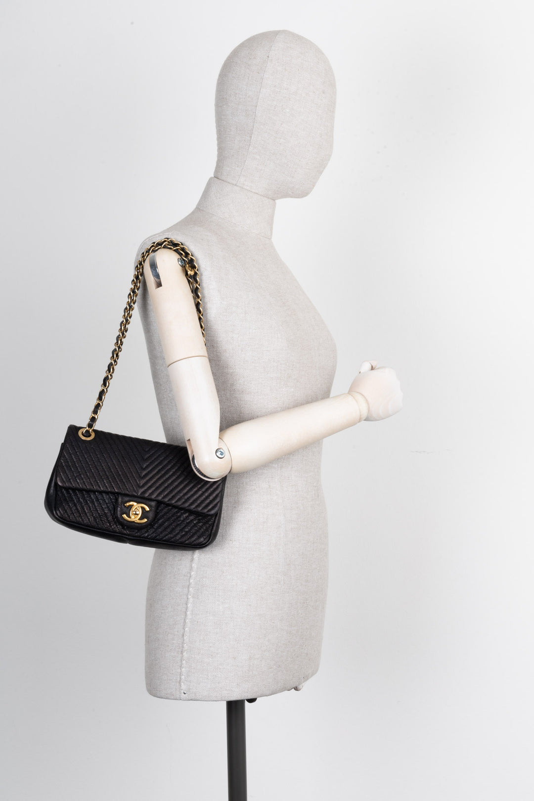 CHANEL Chevron Single Flap Quilted Goat Skin Black