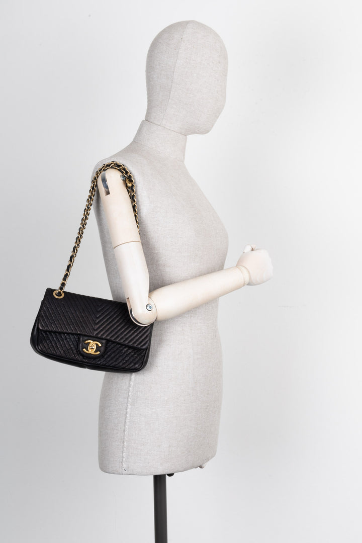 CHANEL Chevron Single Flap Quilted Goat Skin Black