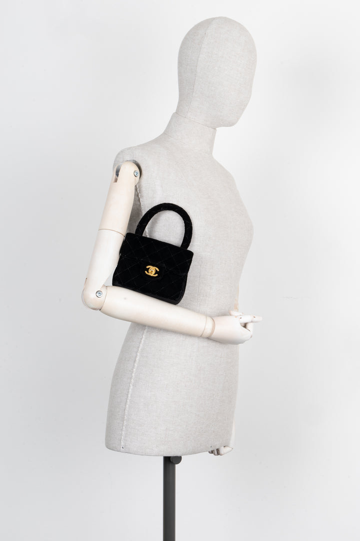 CHANEL Top Handle Mini Kelly Bag Velvet Black