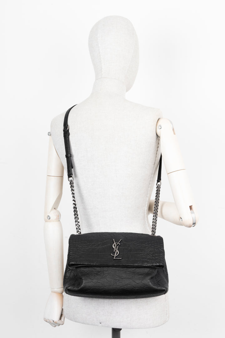 SAINT LAURENT Medium West Hollywood Shoulder Bag Croc Embossed Black