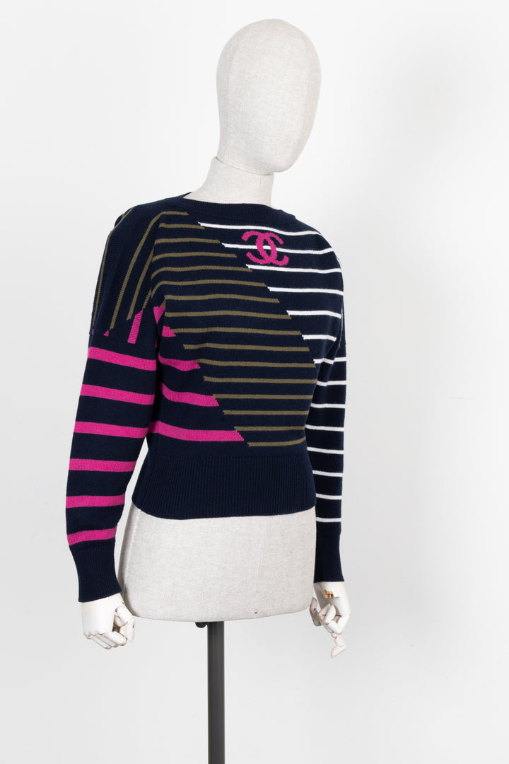 CHANEL Knit CC Cashmere Striped Navy