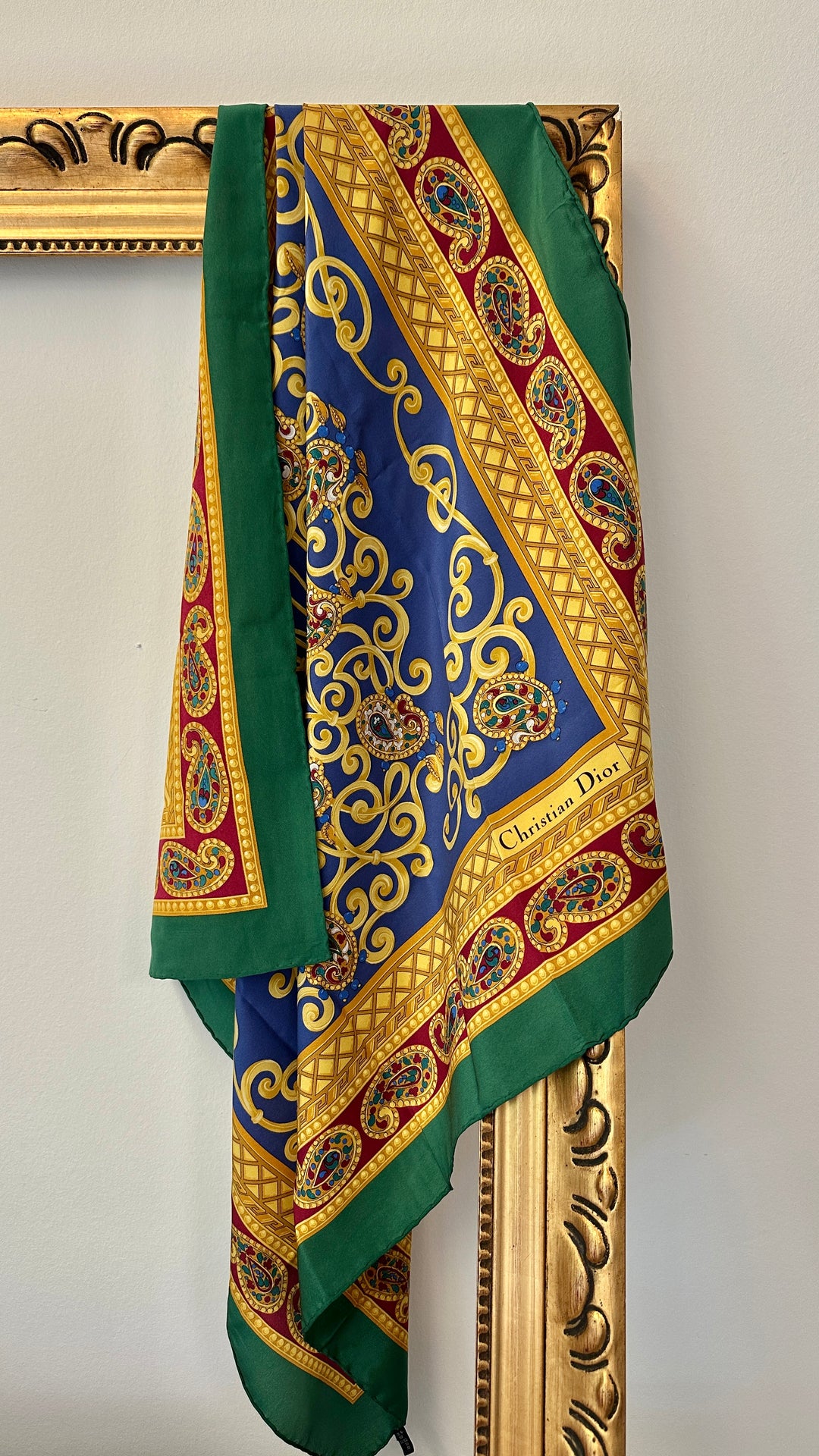 CHRISTIAN DIOR Silk Scarf Green and Blue With Paisley