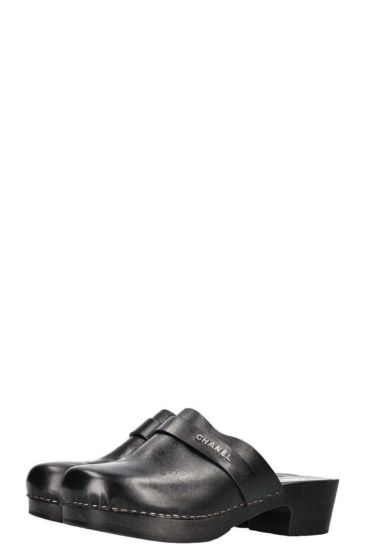 CHANEL Logo Clogs Black