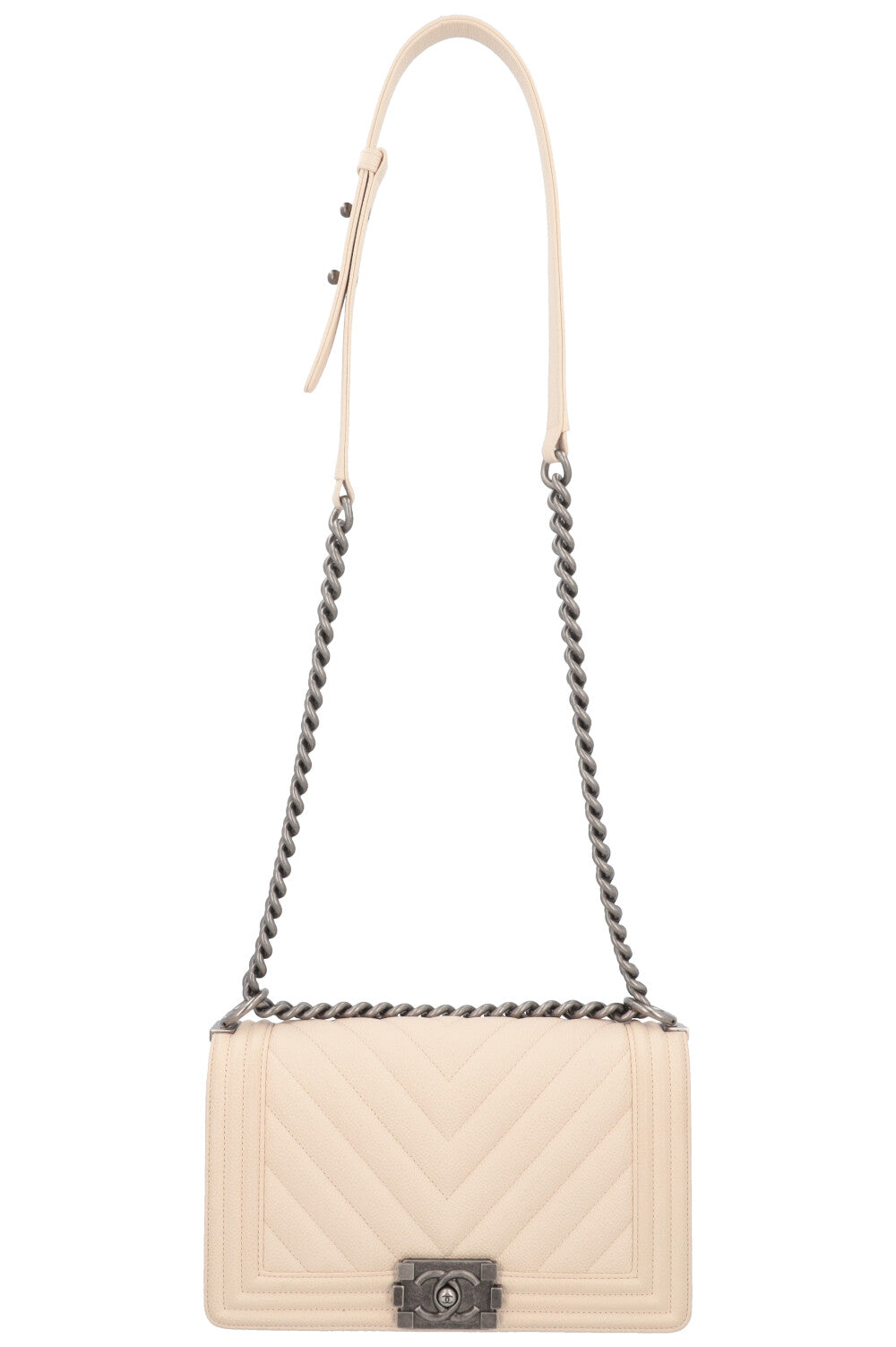 CHANEL Medium Boy Bag Chevron Quilted Stitch Ivory REAWAKE