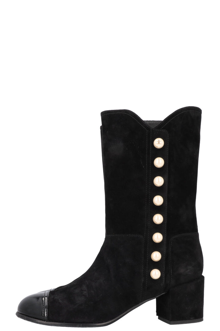 CHANEL Pearl Boots Suede Black