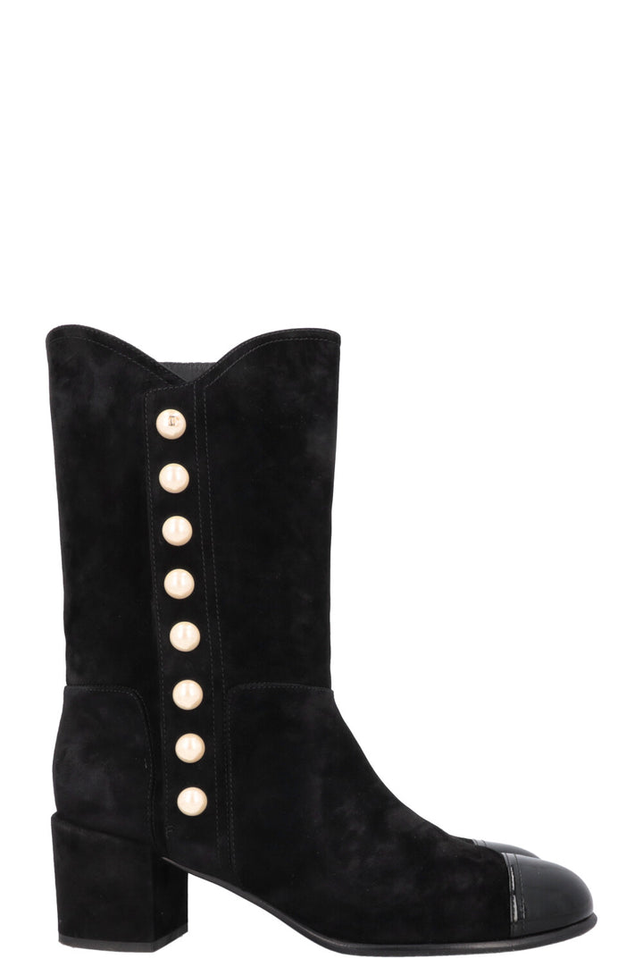 CHANEL Pearl Boots Suede Black