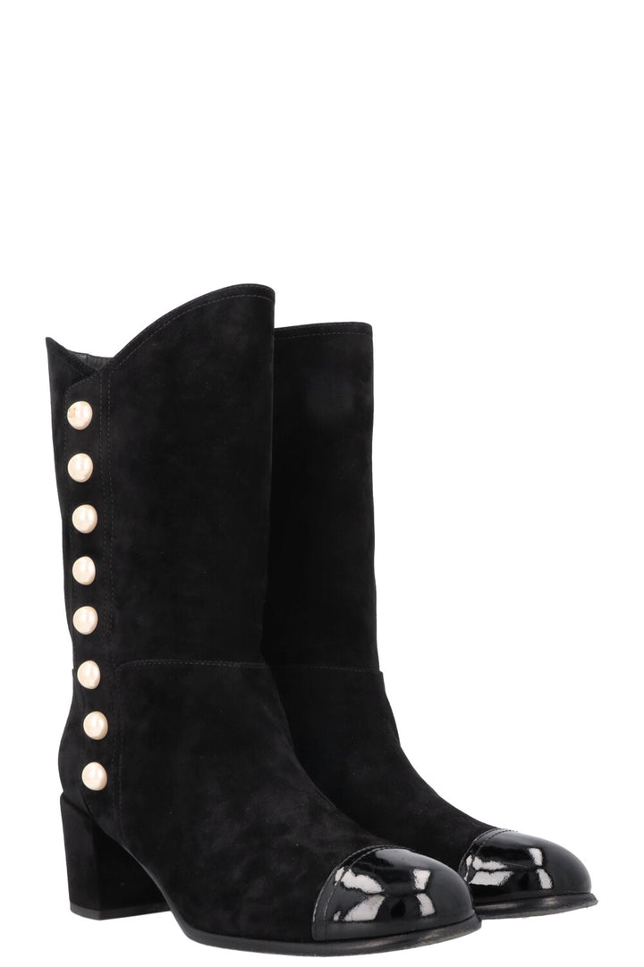 CHANEL Pearl Boots Suede Black
