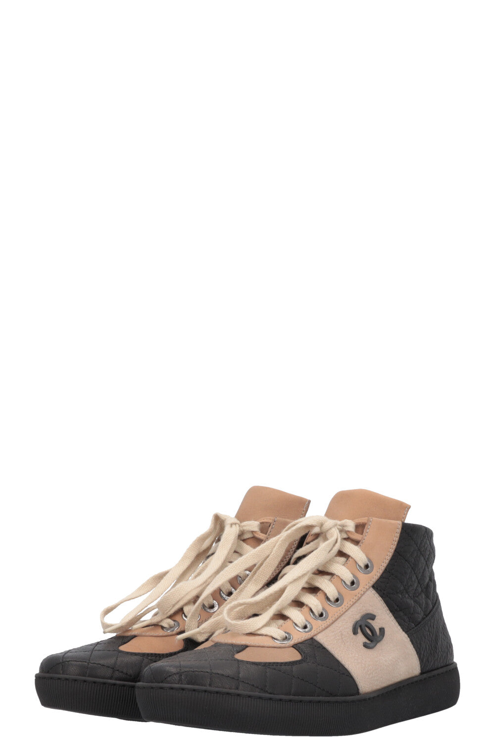 CHANEL CC High Top Sneakers Nubuck Beige Black