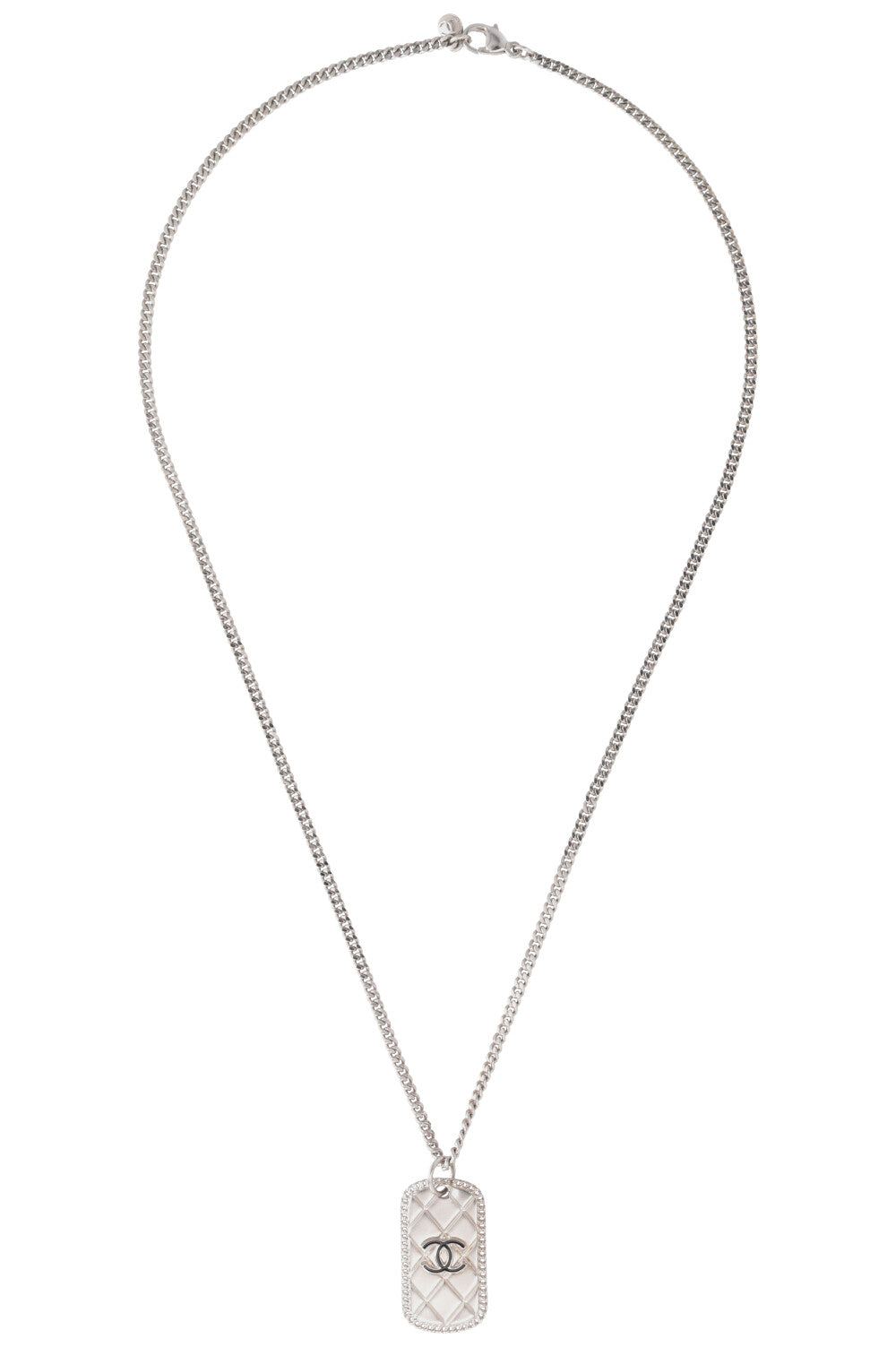 CHANEL 2009 Quilted Dog Tag CC Necklace Silver
