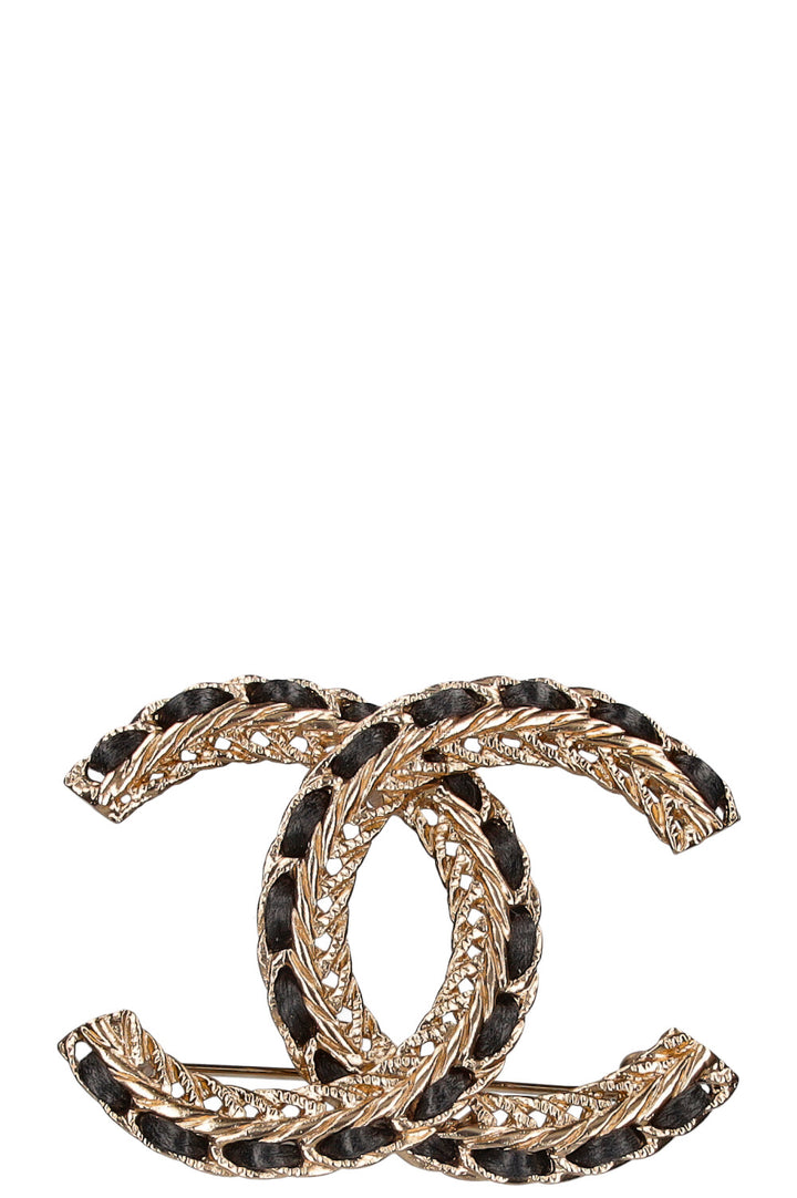 CHANEL Brooch CC Leather Chain Champagnergold