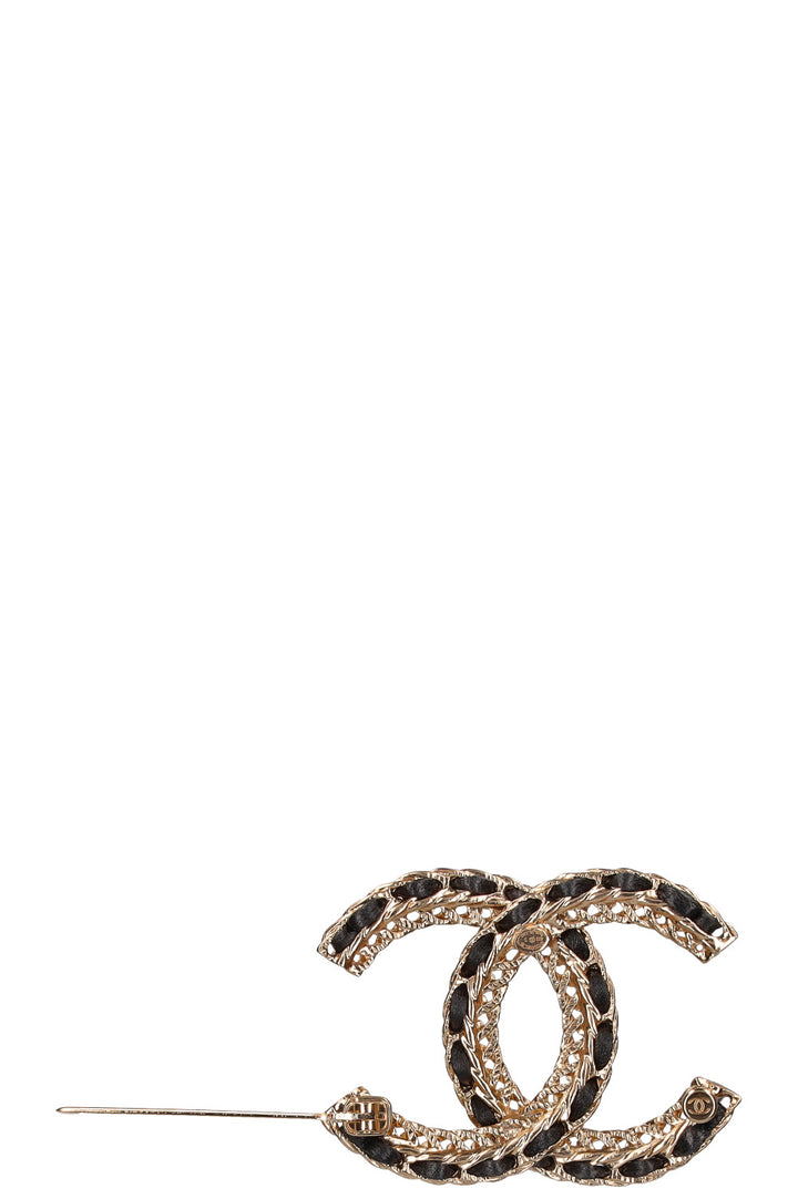 CHANEL Brooch CC Leather Chain Champagne Gold