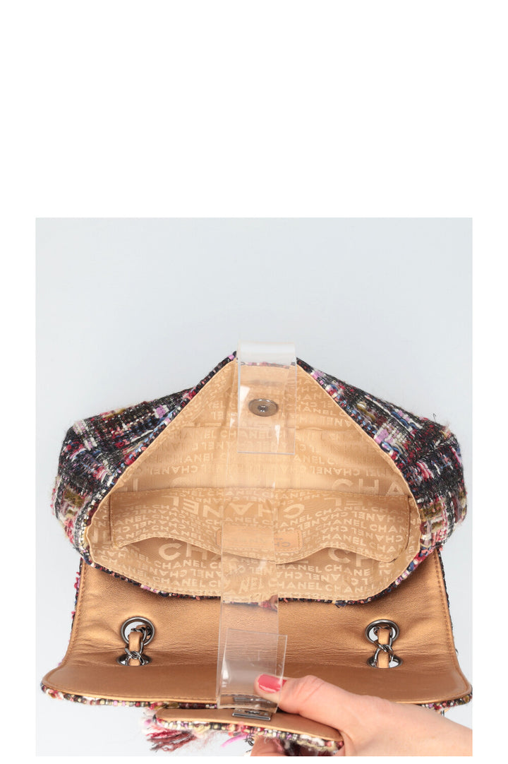 CHANEL Fringed Tweed Single Flap Pink & Red