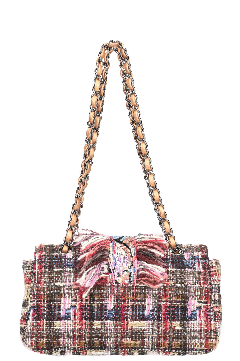 CHANEL Fringed Tweed Single Flap Pink & Red