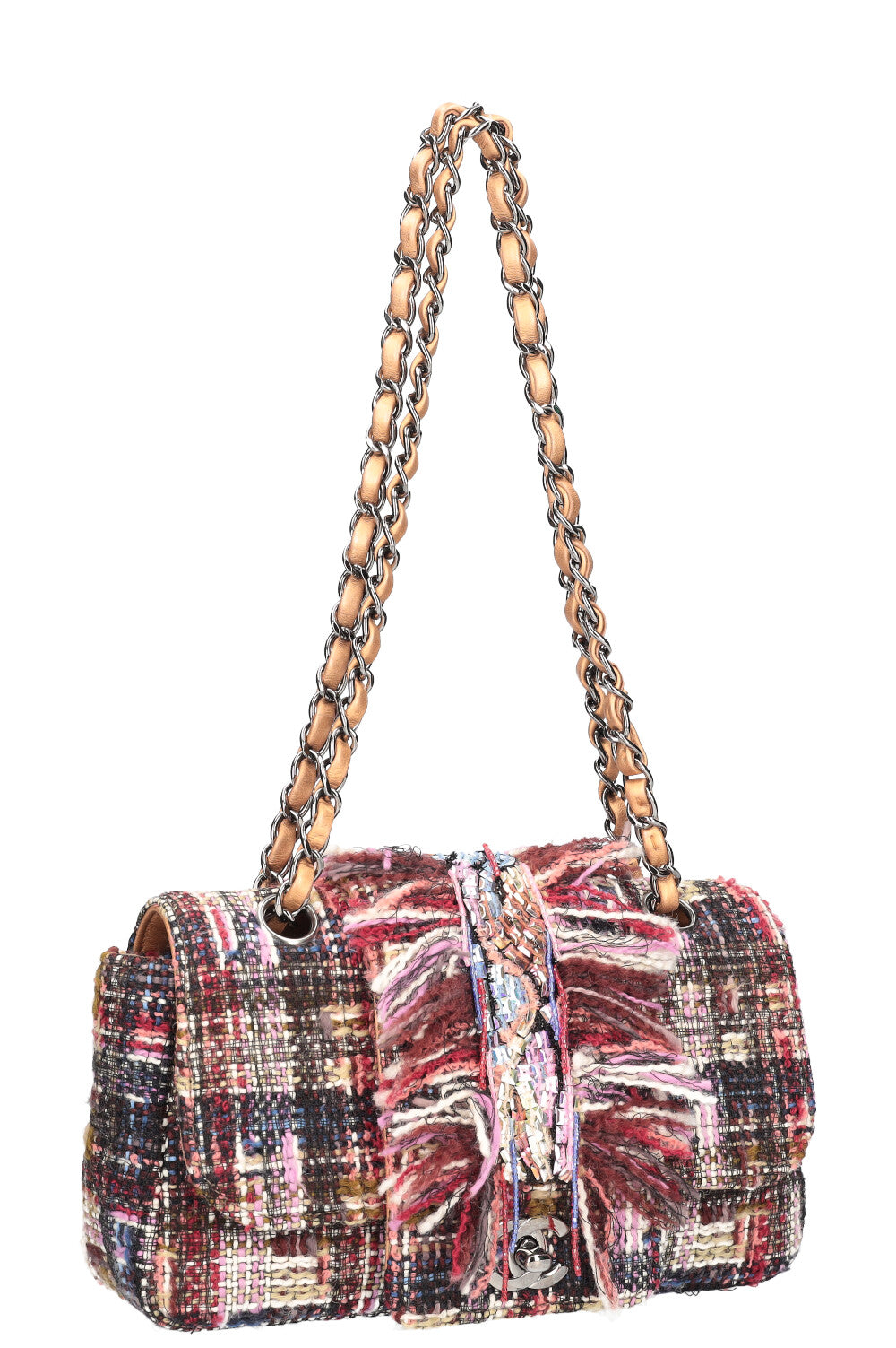 CHANEL Fringed Tweed Single Flap Pink & Red