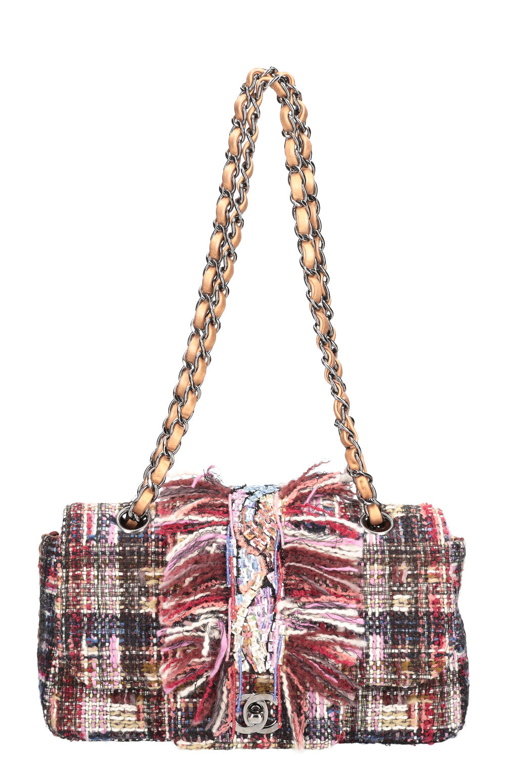 CHANEL Fringed Tweed Single Flap Pink & Red
