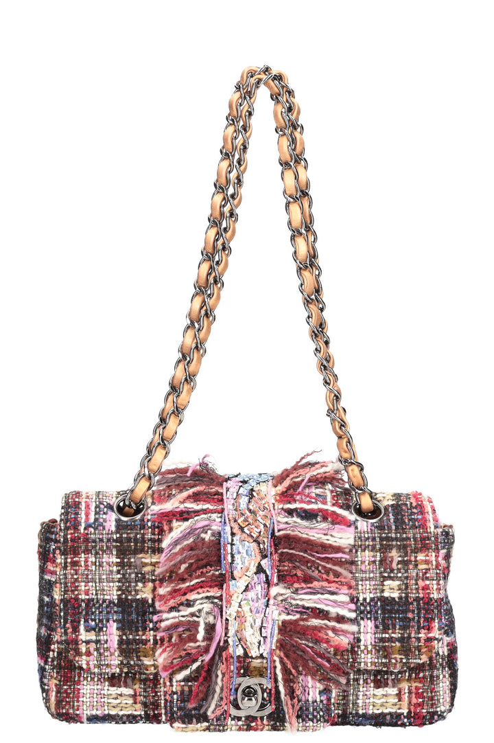 CHANEL Fringed Tweed Single Flap Pink & Red