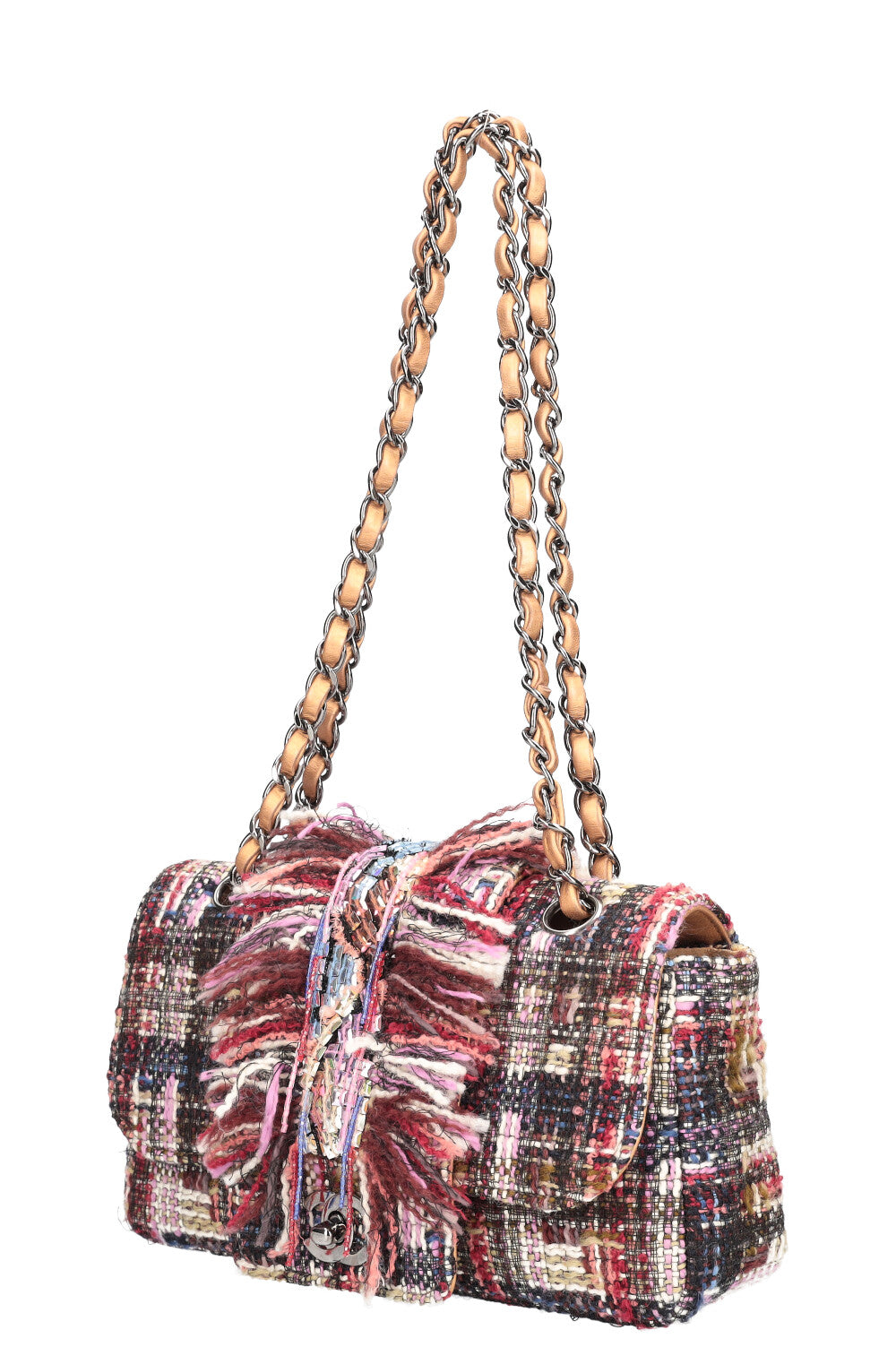 CHANEL Fringed Tweed Single Flap Pink & Red
